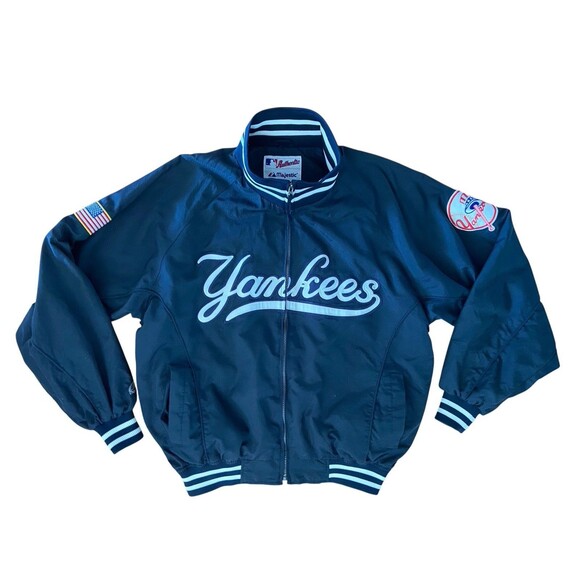 Vintage 90s Majestic NY Yankees Nylon Dugout Jacket Size L MLB USA Flag Patch - Picture 1 of 16